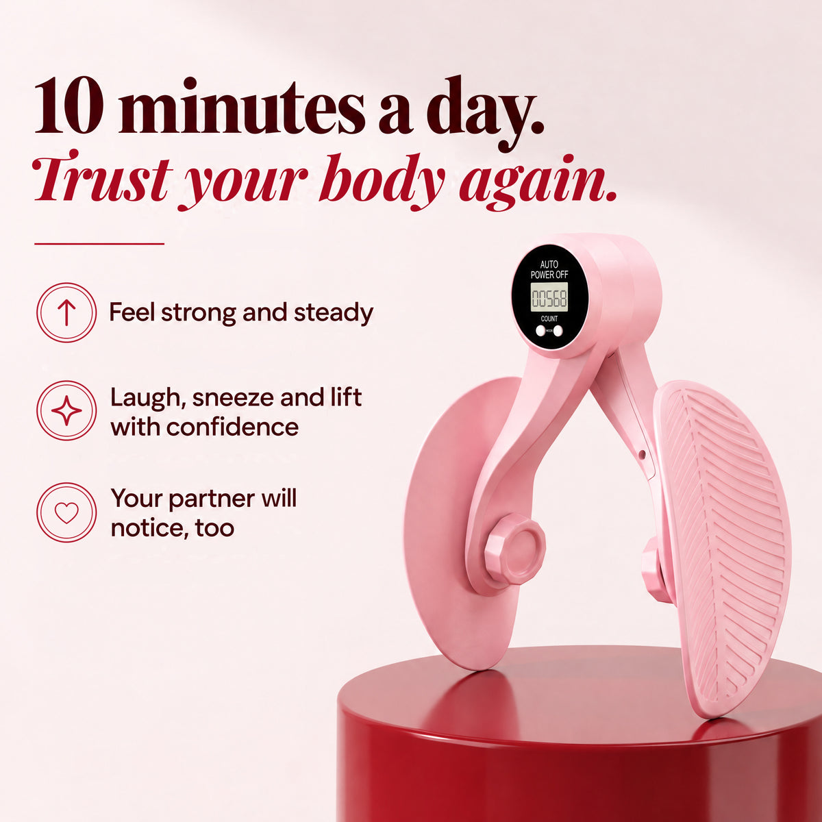 The Zenya BuildUp Trainer on a cherry pedestal: 10 minutes a day. Trust your body again.