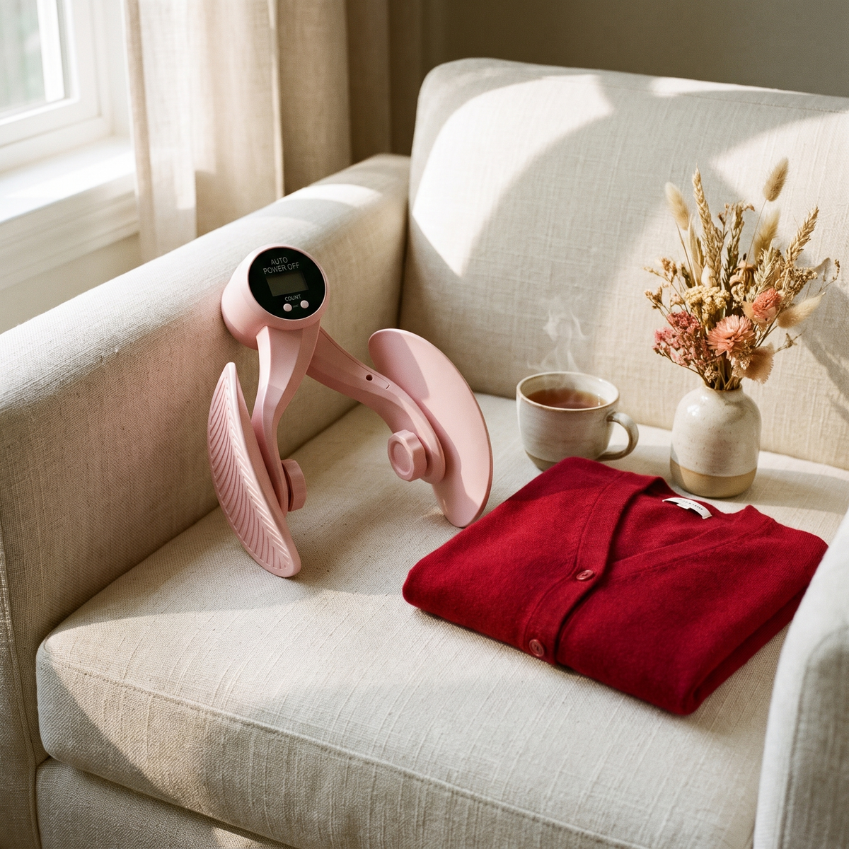 The Zenya BuildUp Trainer on a cream armchair
